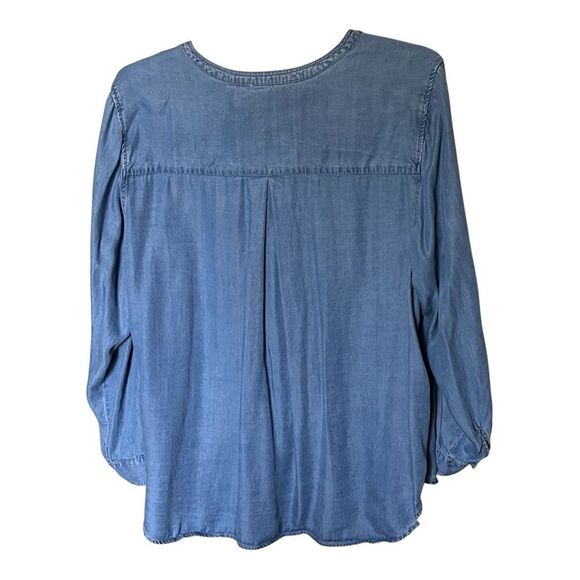 Jane & Delancey Collarless Blue Denim Roll Tab Sleeve Button Front Shirt Size 2X - Picture 2 of 10
